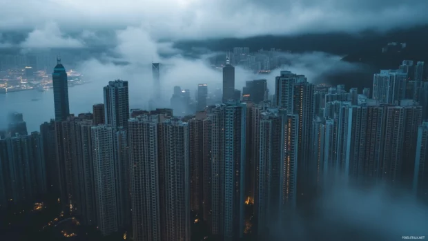 Clouds passing over the dim high rises of the black city.