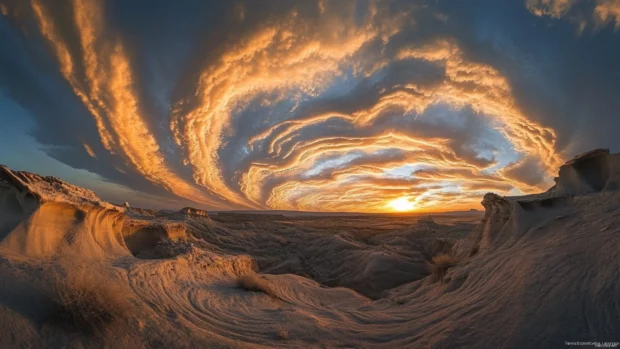 Clouds swirl in elegant patterns as sunlight filters through at dawn.