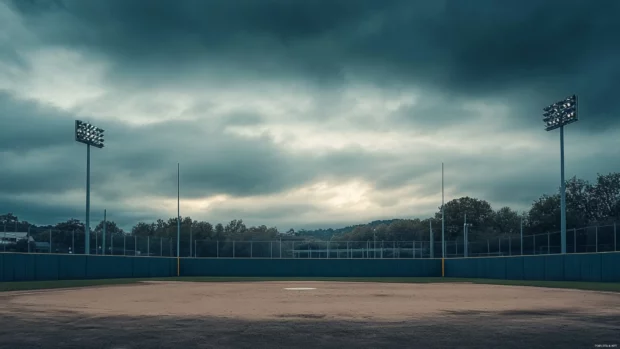 Cloudy sky above an empty baseball diamond with moody tones.