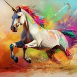 Colorful abstract brush strokes shape the unicorns body in artistic style.