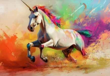 Colorful abstract brush strokes shape the unicorns body in artistic style.