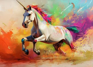 Colorful abstract brush strokes shape the unicorns body in artistic style.