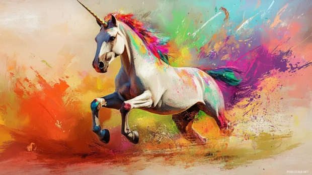 Colorful abstract brush strokes shape the unicorns body in artistic style.