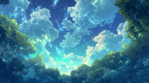 Colorful auroras swirl in dynamic Anime sky, tranquil forest below, blue and green glow.