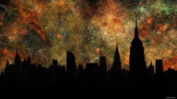 Colorful bursts of light over panoramic NYC skyline during fireworks display.