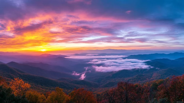 Colorful clouds above mountain range at dawn, a great sunrise view in 4K.