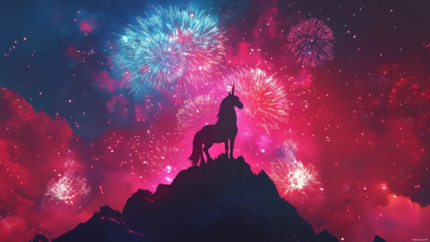 Colorful fireworks light up behind a smiling unicorn on a hill.