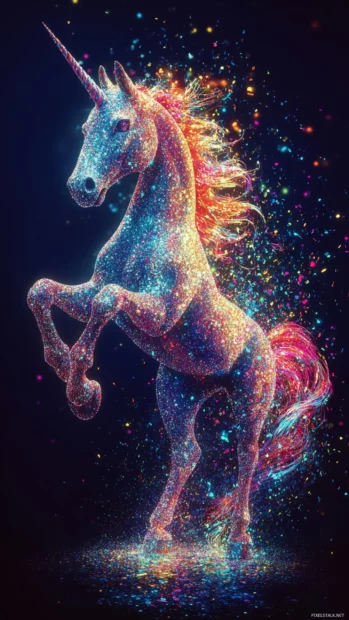 Colorful glitter flows around the unicorn as it dances.