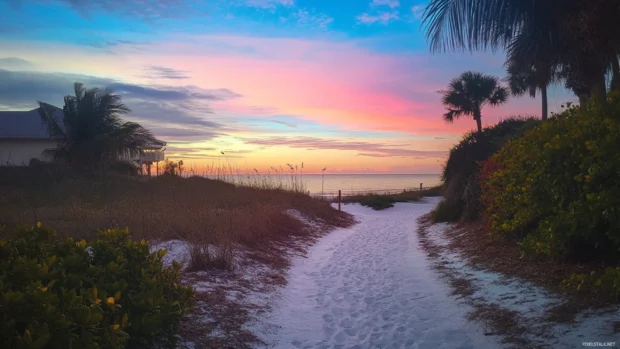 Colorful horizon lit by the early rays of sunrise.