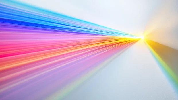 Colorful light beams streaming from a prism onto a white background, forming a rainbow spectrum.