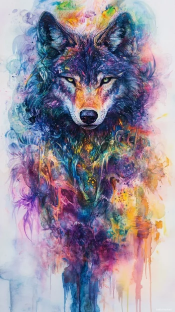 Colorful mist surrounds the vertical form of a tall, elegant watercolor wolf looking back.