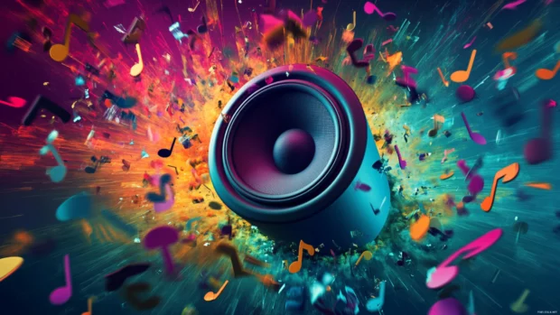 Colorful music notes swirling around a central speaker in perfect clarity, High resolution music background.