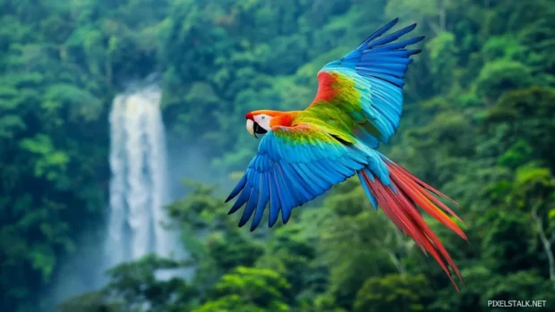 Colorful parrot wallpaper showing a red macaw flying over a waterfall surrounded by jungle mist.