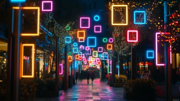 Colorful signs pulse rhythmically among City Lights.