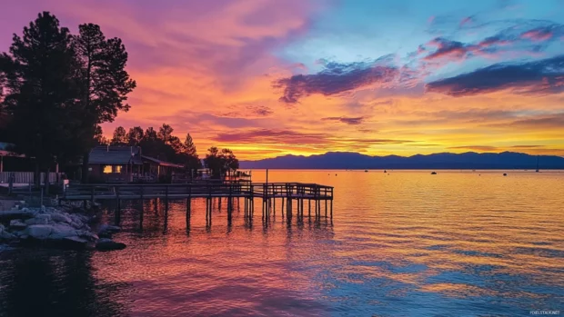 Colorful sky blending into water in a lakeside sunrise.