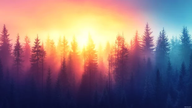 Colorful sunrise sky above forest treetops.