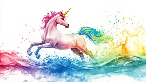 Colorful unicorn watercolor splash as unicorn leaps through the painted waves.