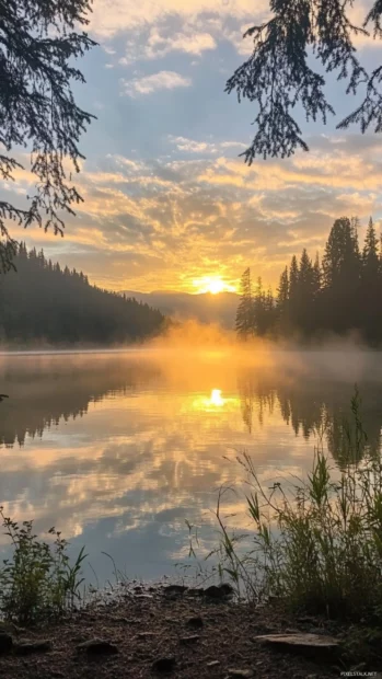Colors explode behind a tranquil lake during sunrise.