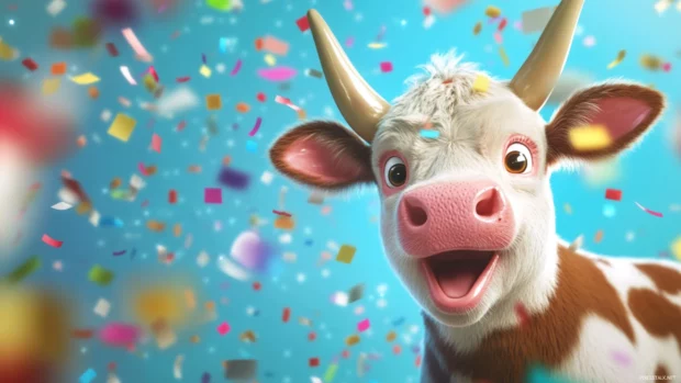 Confetti falling around a cheerful Cute Cow in a party scene.