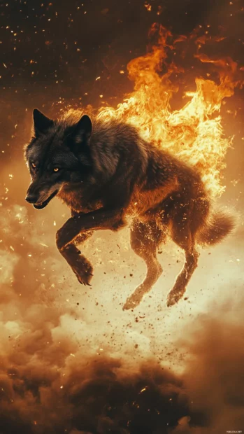 Cool wolf iPhone background featuring a black wolf leaping through fire and smoke.