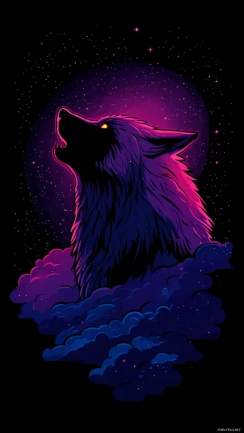 Cool wolf iPhone wallpaper with a glowing silhouette howling under neon lights and cosmic clouds.