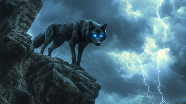 Cool wolf wallpaper featuring a black wolf with glowing blue eyes standing on a cliff under lightning clouds.