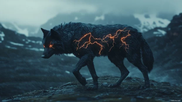 Cool wolf wallpaper for PC showing a black wolf with lightning shaped scars walking across a stormy ridge.