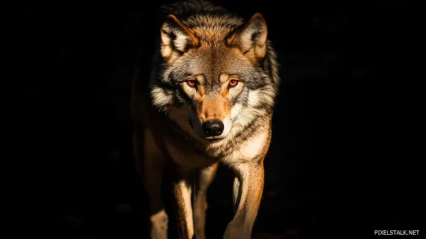 Cool wolf wallpaper showing a wolf emerging from shadows with red energy eyes.