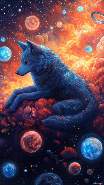 Cosmic blue wolf floating in space wallpaper.