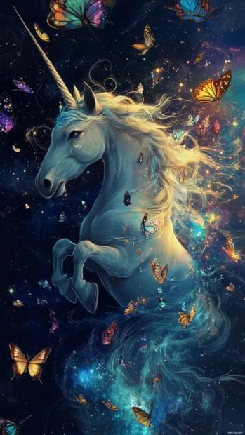 Cosmic butterflies swirl around the unicorn in a dreamlike void.