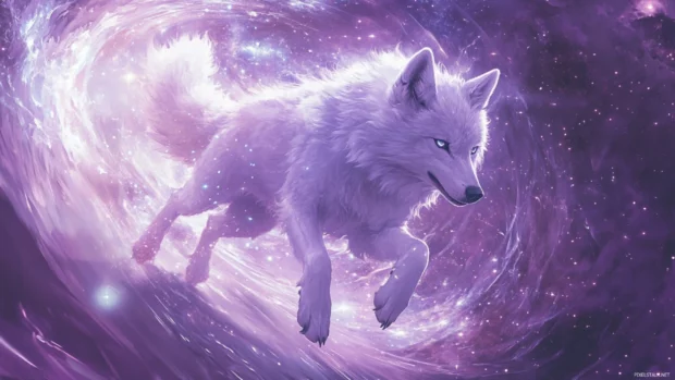 Cosmic energy bursts around a silver wolf running across a star bridge.
