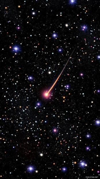 Cosmic night sky bright constellations faint comet glowing tail.