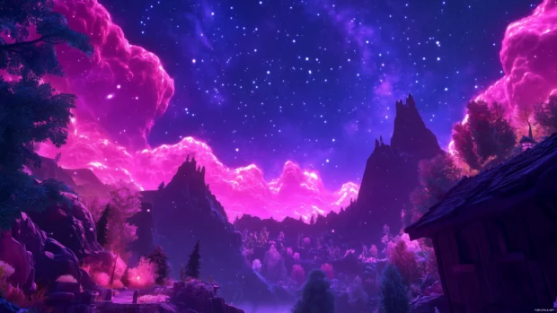 Cosmic night sky, distant galaxies, vibrant pink purple nebulae, evoking infinity.