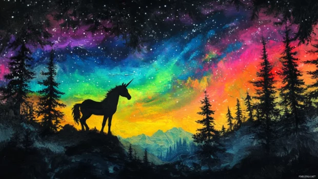 Cosmic northern lights shimmer behind a unicorn silhouette.
