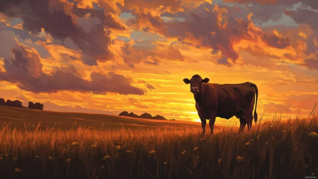 Cow Wallpaper 4K showing a calm cow in a sunrise pasture.