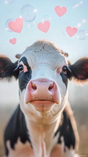 Cow blowing heart shaped bubbles into the wind.