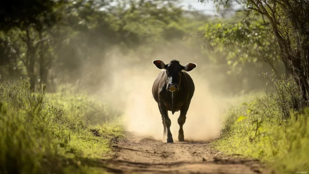 Cow crossing dirt path with dust in the air.