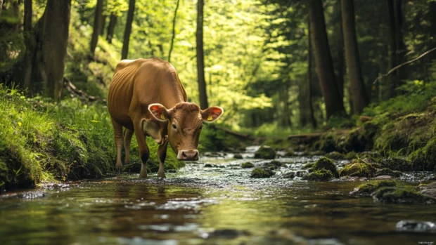 Cow drinking from a peaceful forest stream.