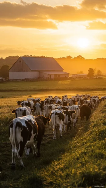 Cow farm landscape with rows of cows walking toward barn at dawn.