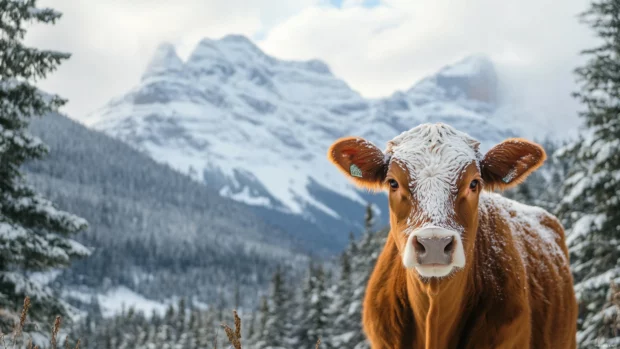 Cow framed by snowy mountain peaks.