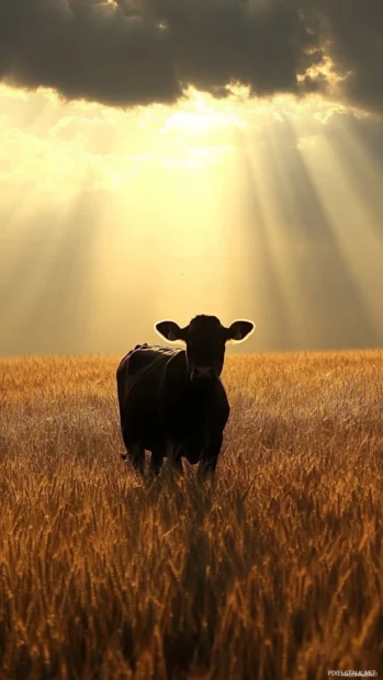Cow framed by vertical sunbeams over a wheat field.