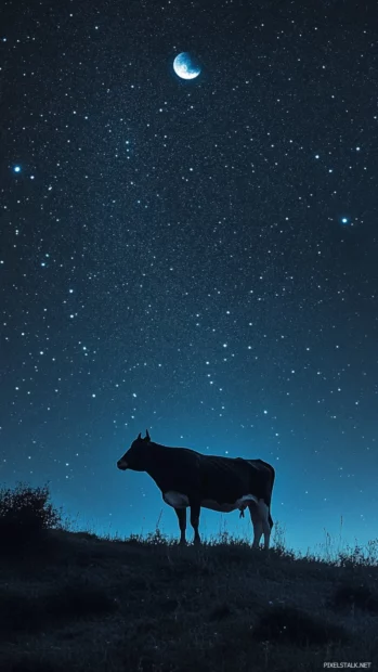 Cow gazing at moon and stars from a hill.