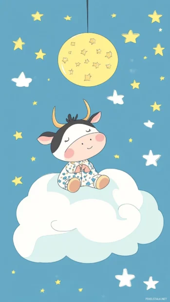 Cow in pajamas counting stars on a cloud.