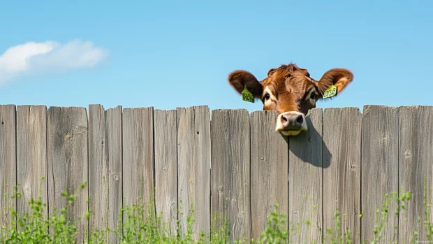 Cow looking over a wooden fence on a sunny day.