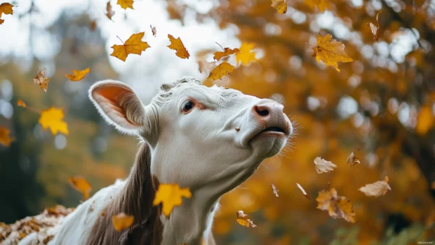 Cow looking up at falling autumn leaves.