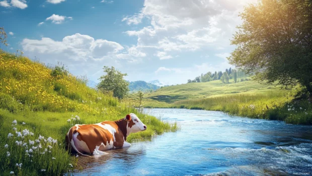 Cow lying beside a peaceful river under sky in this Peaceful cow wallpaper nature.