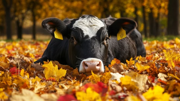 Cow lying in a bed of colorful autumn leaves.