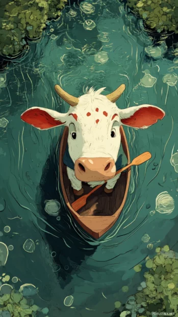 Cow paddling a tiny boat on a jelly lake.