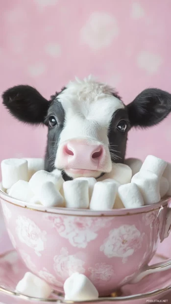 Cow peeking out of a teacup full of marshmallows.