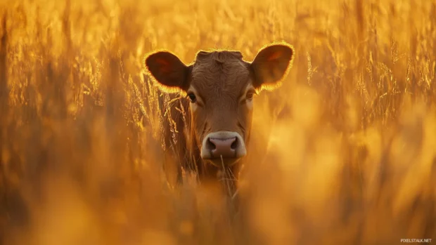 Cow peeking through tall golden grass during golden hour.